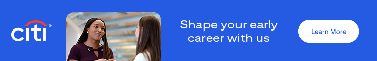 Citi Shape your early career with us image of 3 professionals in smart casual business dress.