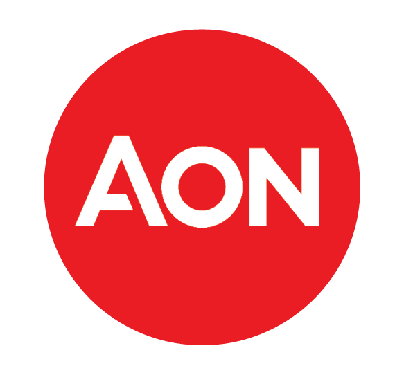 Aon company logo, white text on a red circle background.