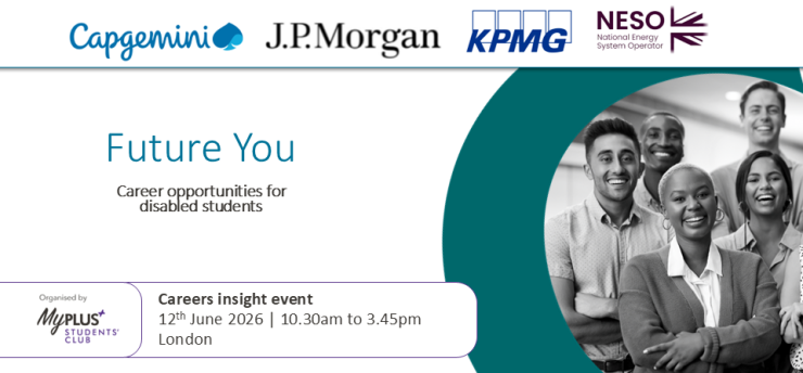 Promotional card for the Future You Careers event, image showing 5 people in business dress. 10.30am to 3.45pm 12th June in London.