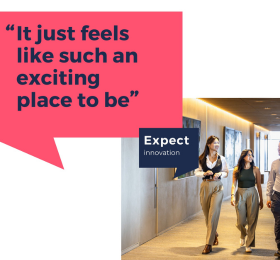 Freshfields graphic, young professionals in the office with the caption: "It just feels like such an exciting place to be." Followed by 'Expect innovation.